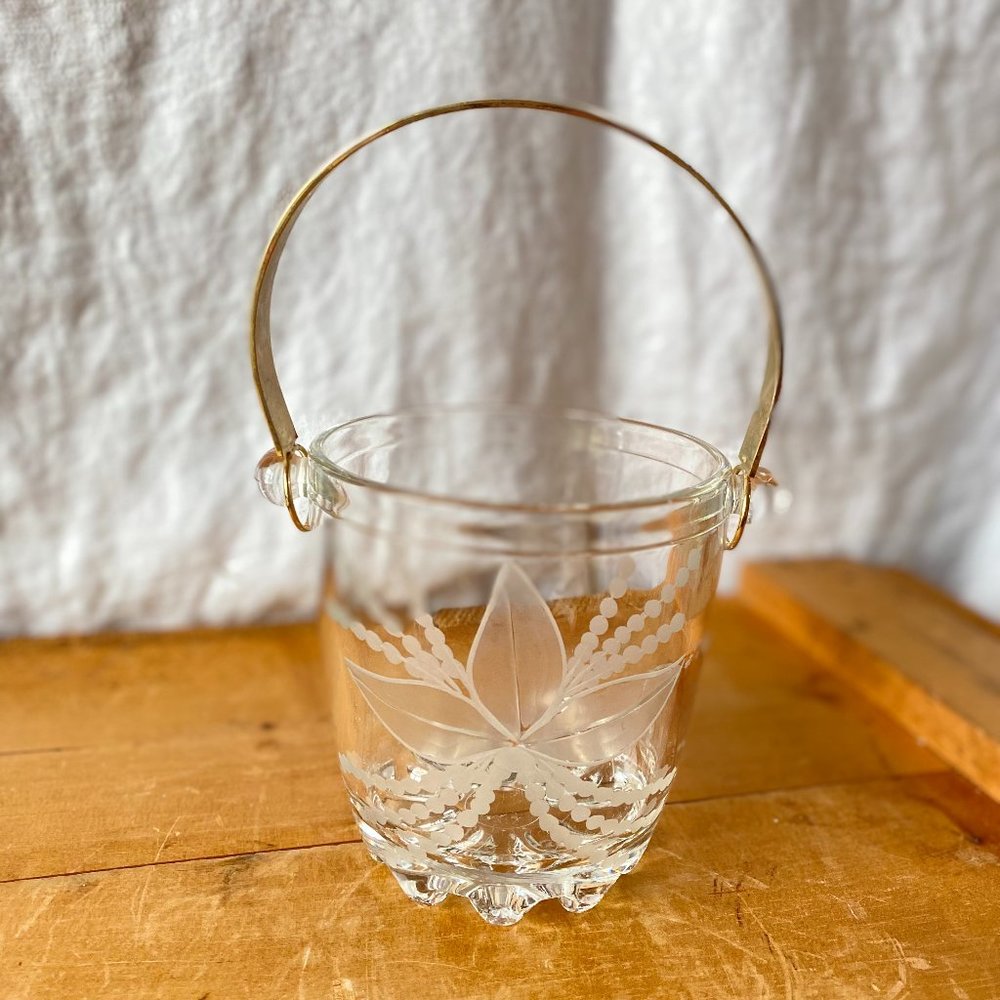 Vintage Crystal Ice Bucket Etched Italy Floral Gold Handle